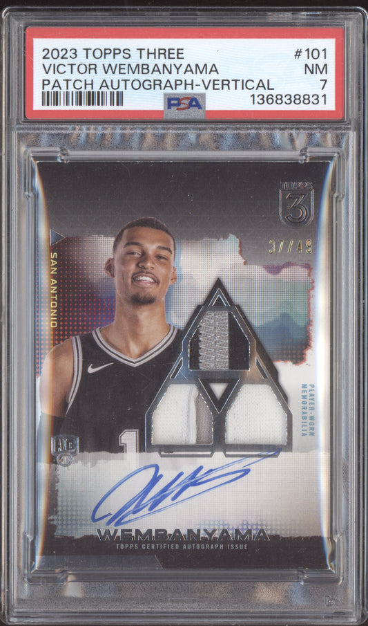 Victor Wembanyama 2023 Topps Three Vertical Patch Auto RC 37/49 PSA 7