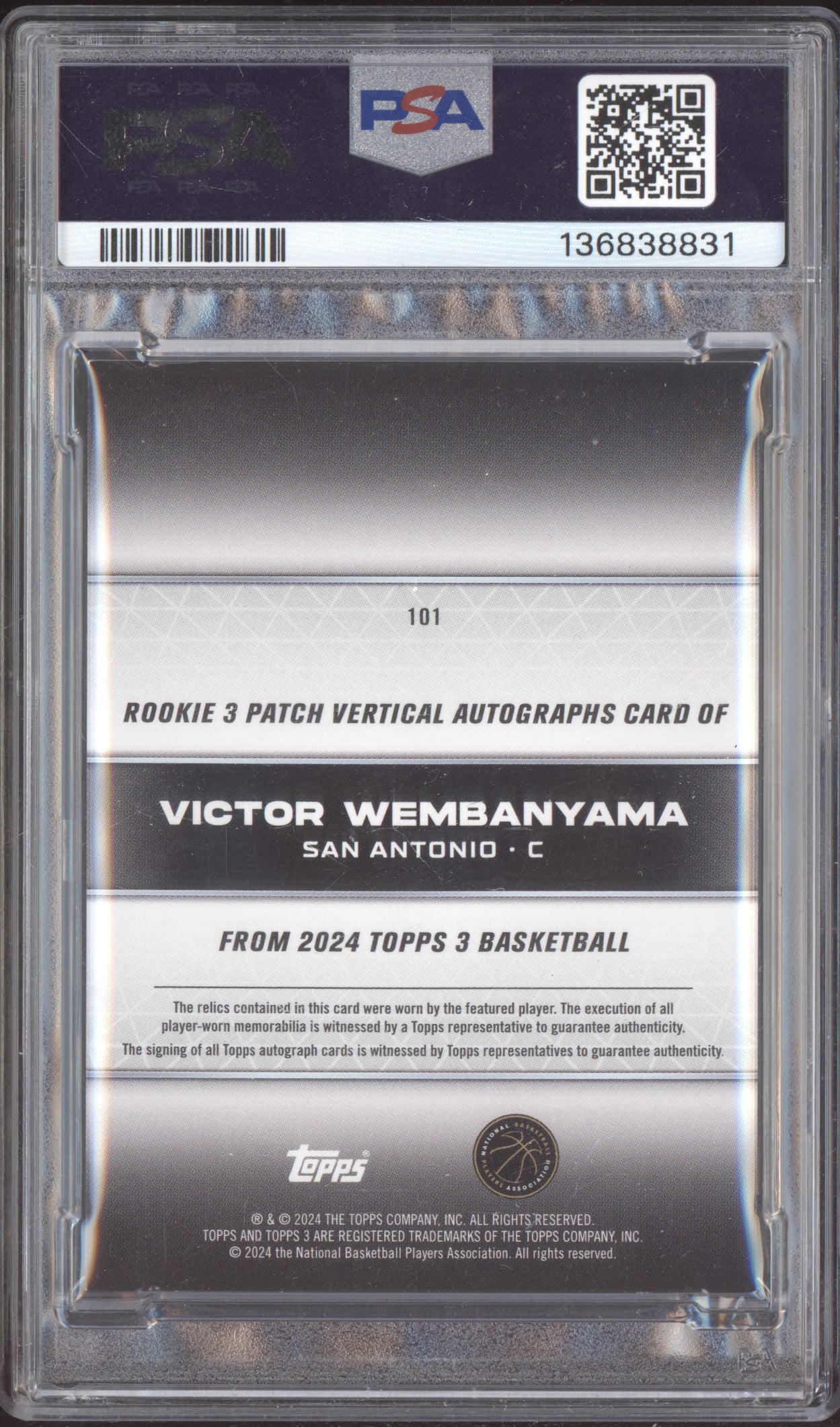 Victor Wembanyama 2023 Topps Three Vertical Patch Auto RC 37/49 PSA 7