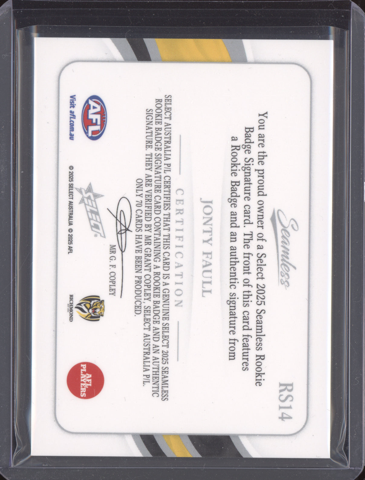 Jonty Faull 2025 Select Seamless Rookie Badge Signature Redemption RC 44/70