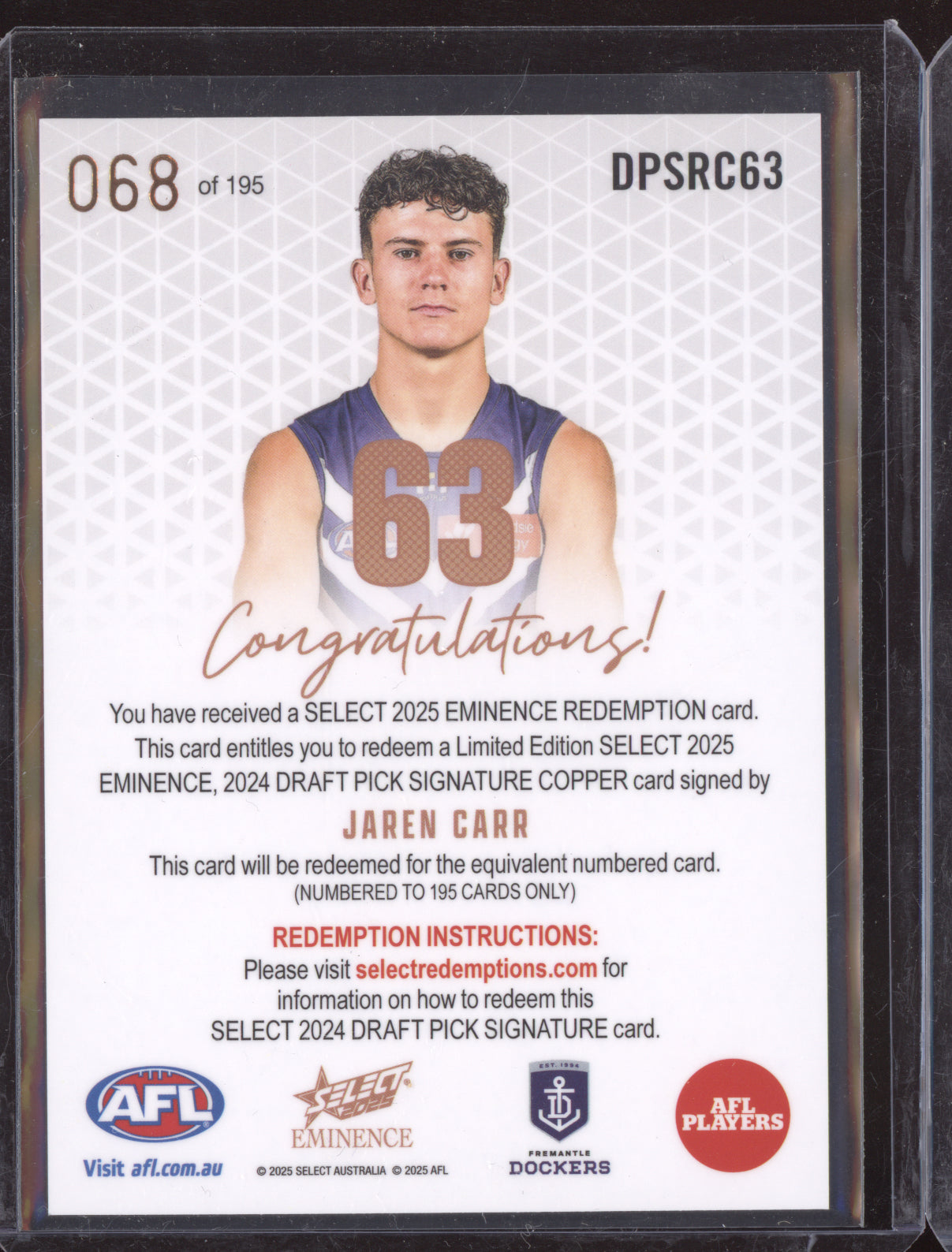 Jaren Carr 2025 Select Eminence Draft Pick Signature Cooper RC 68/195