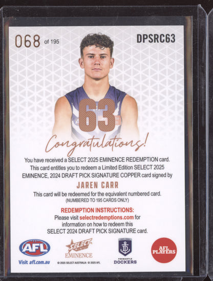 Jaren Carr 2025 Select Eminence Draft Pick Signature Cooper RC 68/195