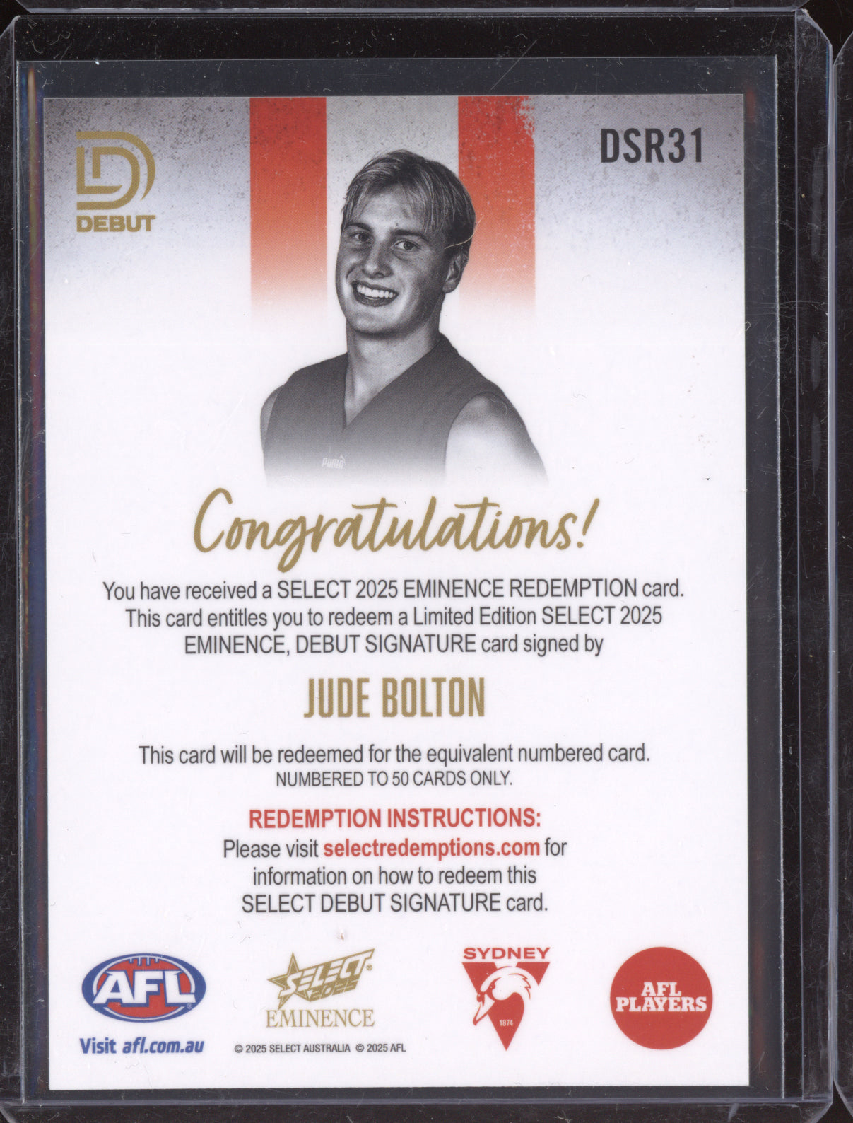 Jude Bolton 2025 Select Eminence Debut Signature Redemption 35/50