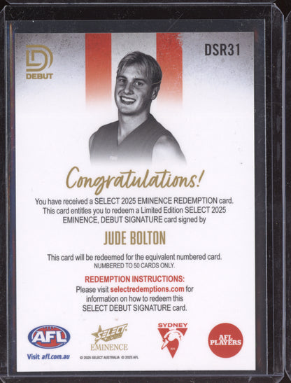 Jude Bolton 2025 Select Eminence Debut Signature Redemption 35/50