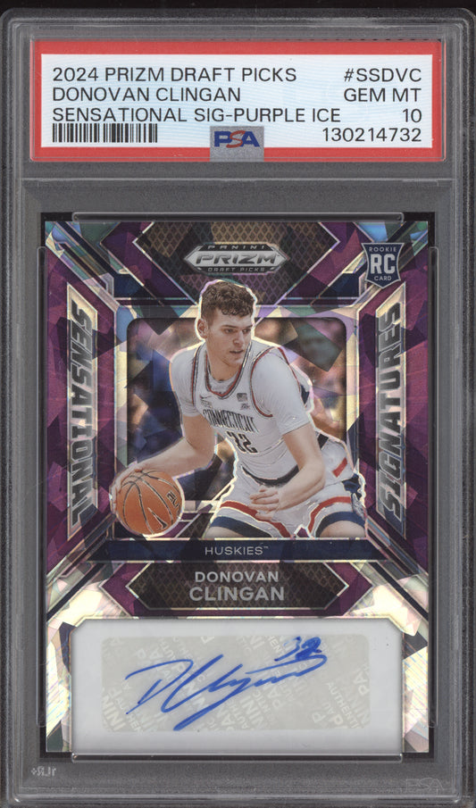 Donovan Clingan 2024 Panini Prizm Draft Sensational Purple Ice Auto RC 65/99 PSA 10