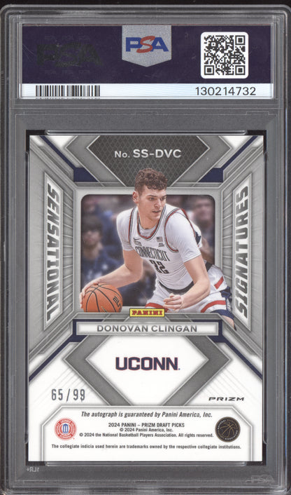 Donovan Clingan 2024 Panini Prizm Draft Sensational Purple Ice Auto RC 65/99 PSA 10