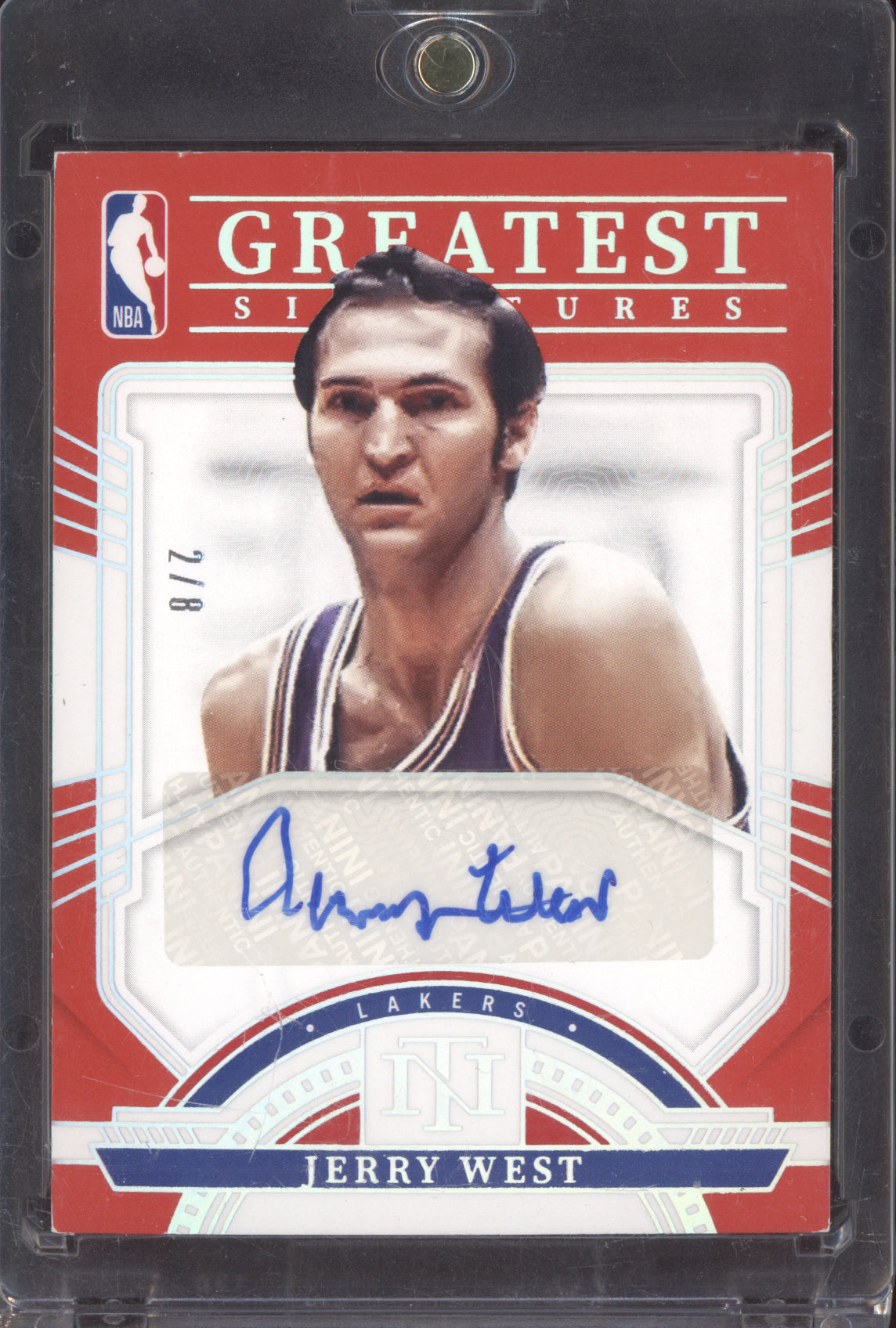 Jerry West 2023-24 Panini National Treasures Greatest Signatures Int Red 2/8