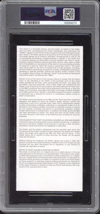 Lebron James Lakers vs Bucks 2020 Ticket Full Youngest to 34k Points PSA  7