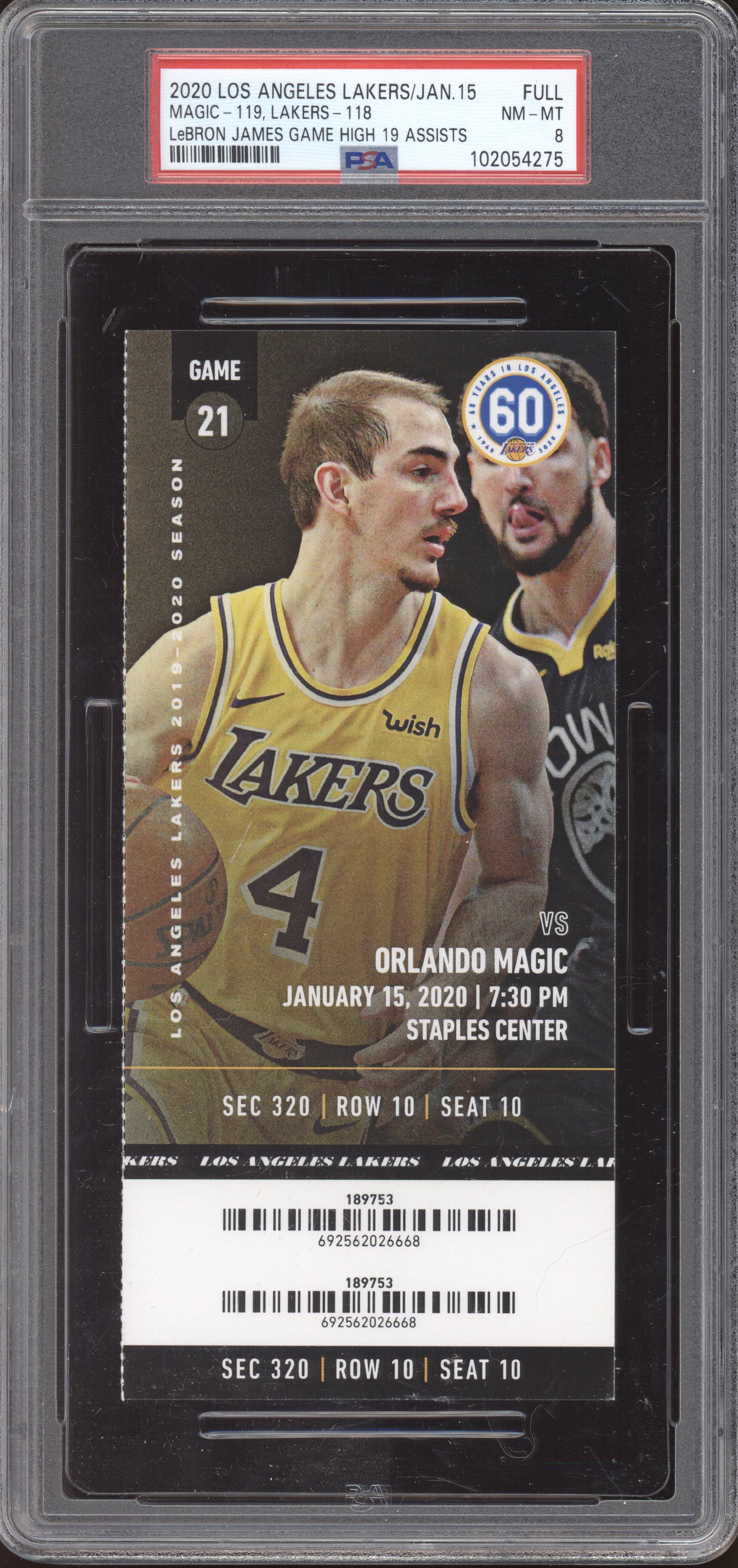 Lebron James Lakers vs Magic 2020 Ticket Full Game High 19 Assists PSA  8