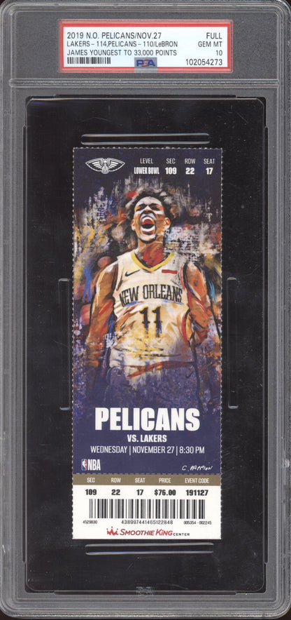 Lebron James Lakers vs Pelicans 2019 Ticket Full Youngest to 33k Points PSA  10
