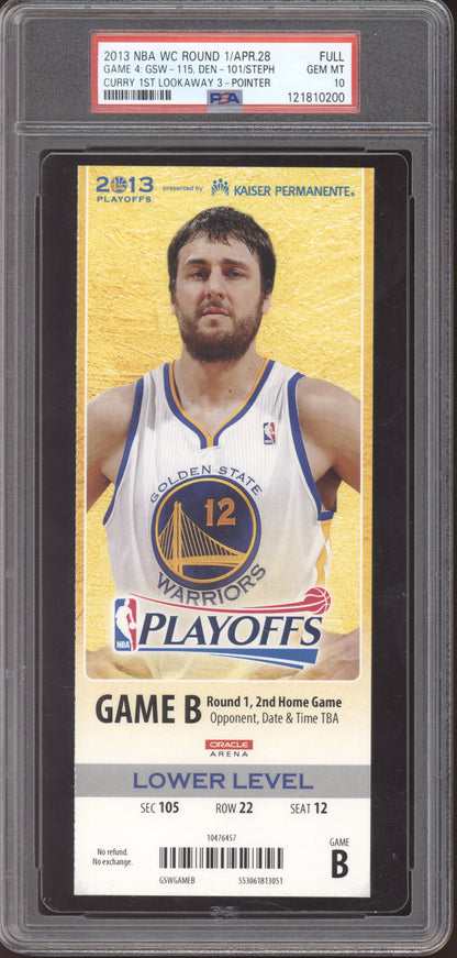 Stephen Curry Warriors Denver 2013 Ticket  1st Lookway 3-Pointer Pop 2 PSA  10
