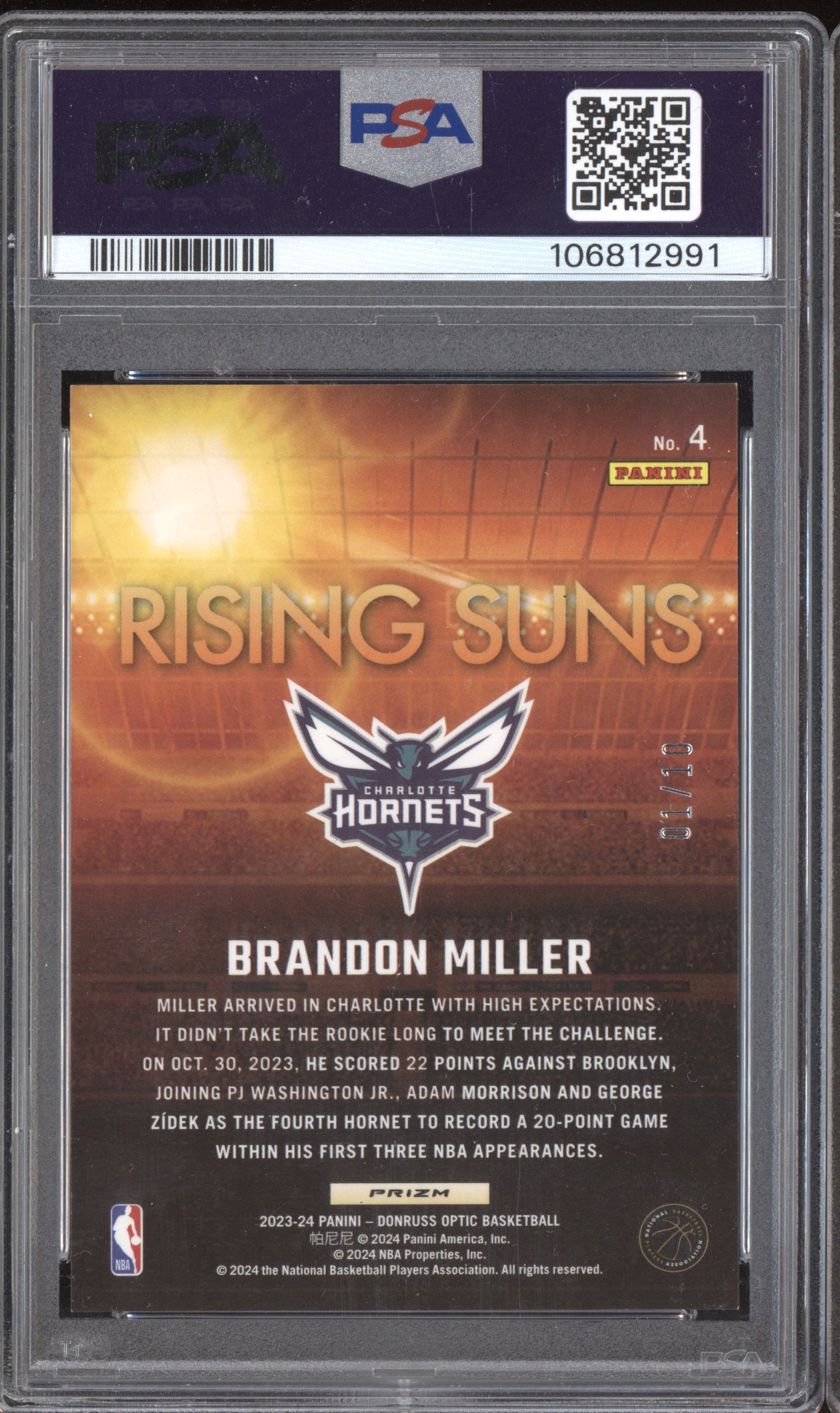Brandon Miller 2023-24 Panini Optic Rising Suns Gold International RC 1/10 PSA 9
