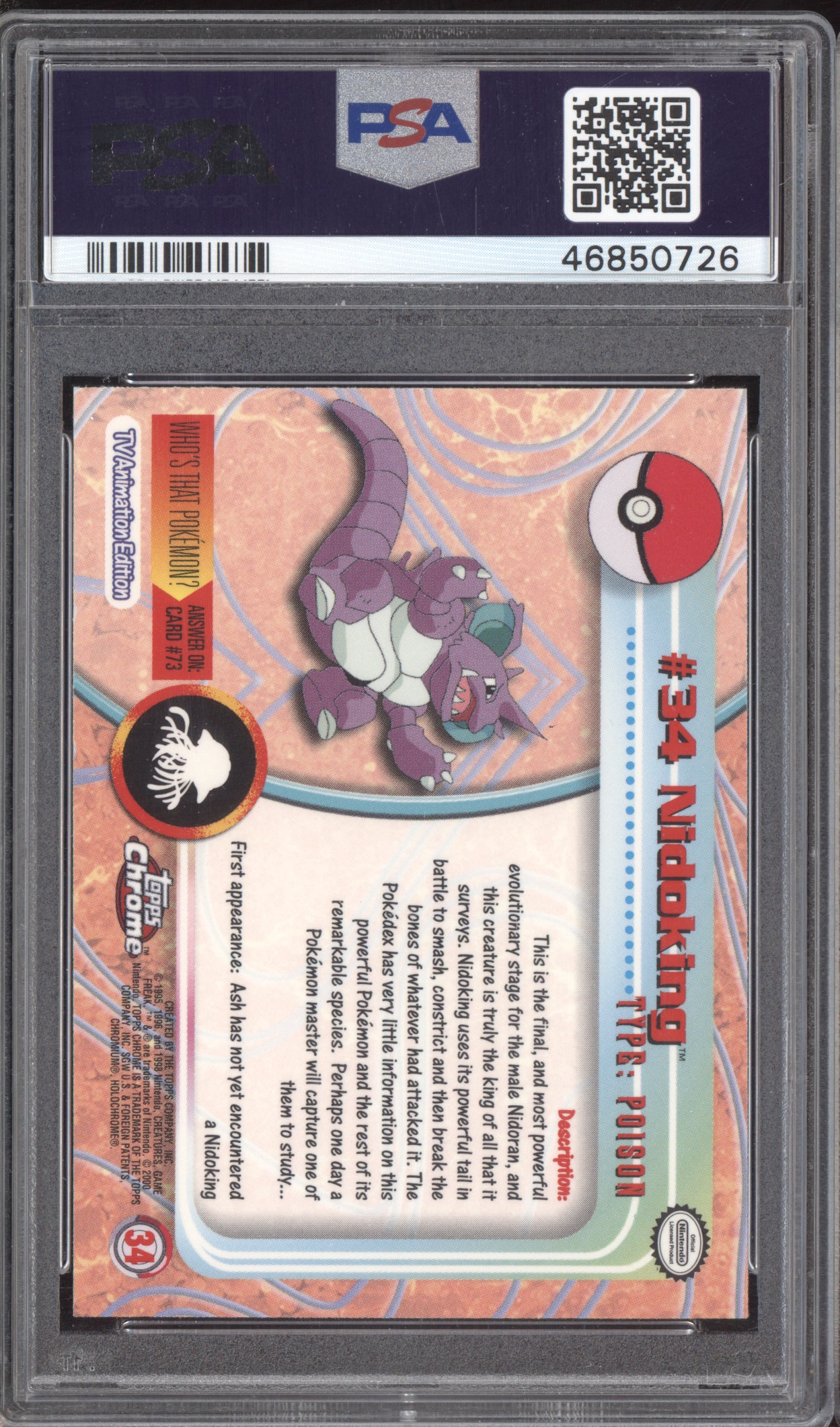 Nidoking 2000 Pokemon Topps Chrome Pokemon TV #34 PSA 10