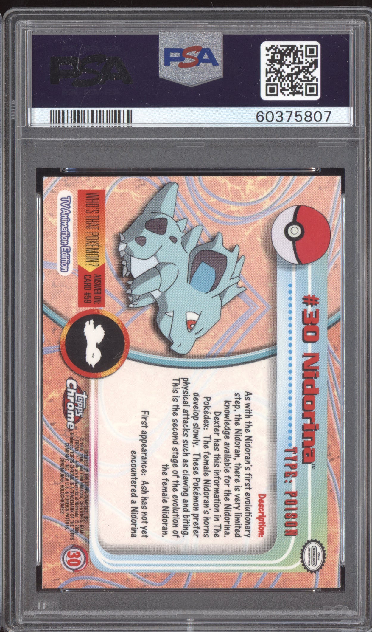Nidorina 2000 Pokemon Topps Chrome Pokemon TV #30 PSA 10