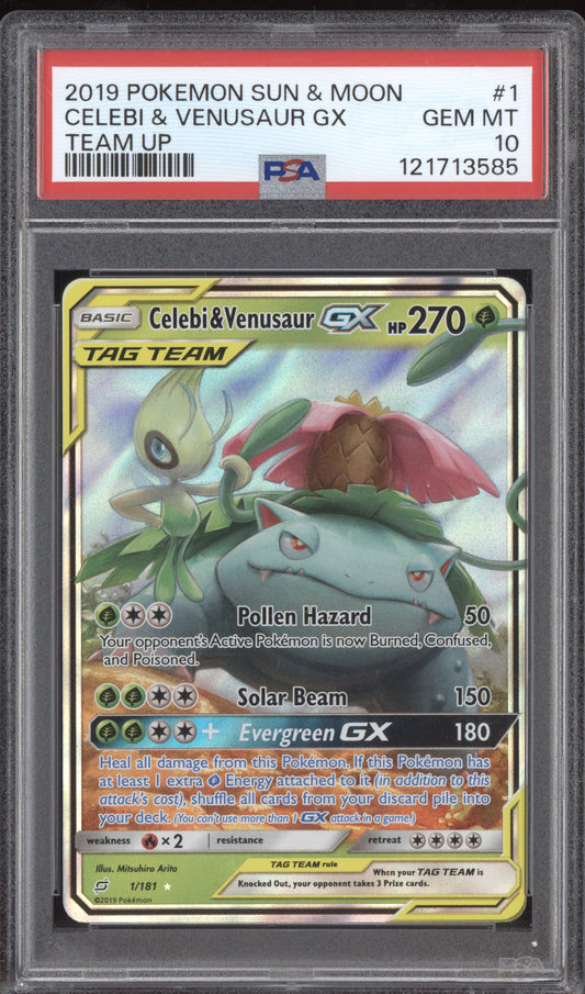 Celebi & Venusaur GX 2019 Pokemon Sun & Moon Team Up 1/181 PSA 10