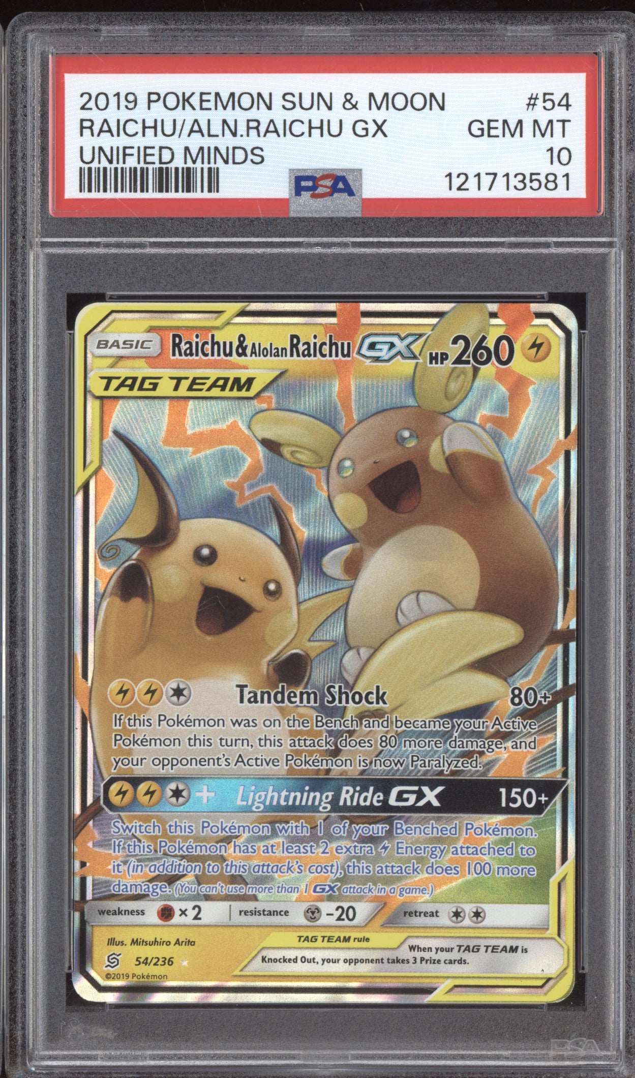 Raichu & Alolan Raichu GX 2019 Pokemon Sun & Moon Unified Minds 54/236 PSA 10