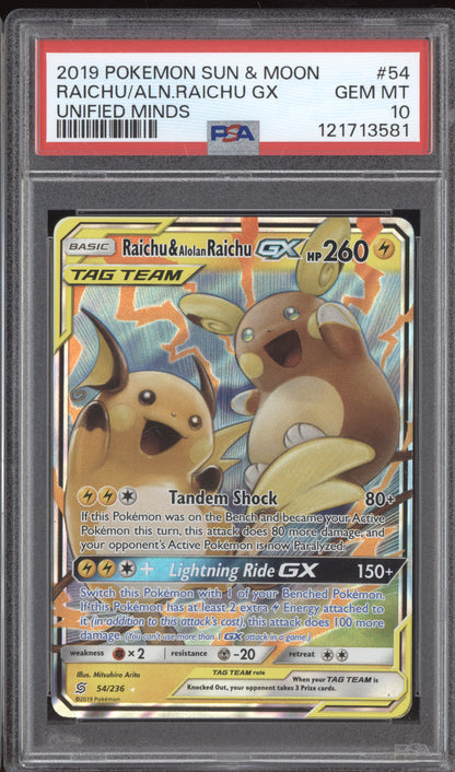 Raichu & Alolan Raichu GX 2019 Pokemon Sun & Moon Unified Minds 54/236 PSA 10