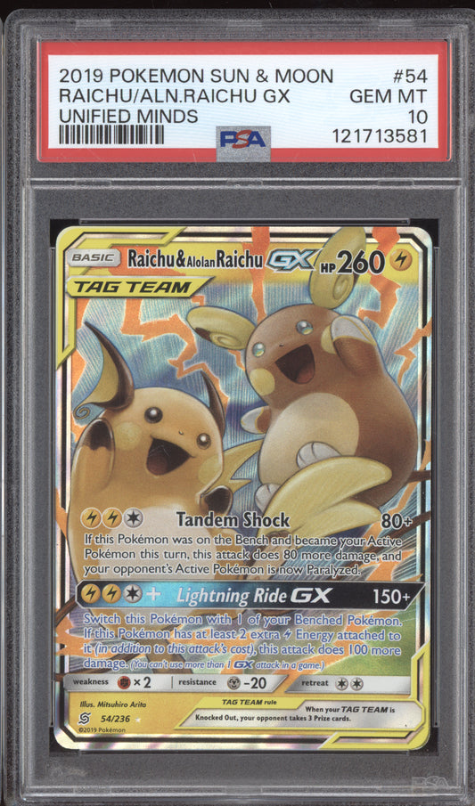 Raichu & Alolan Raichu GX 2019 Pokemon Sun & Moon Unified Minds 54/236 PSA 10