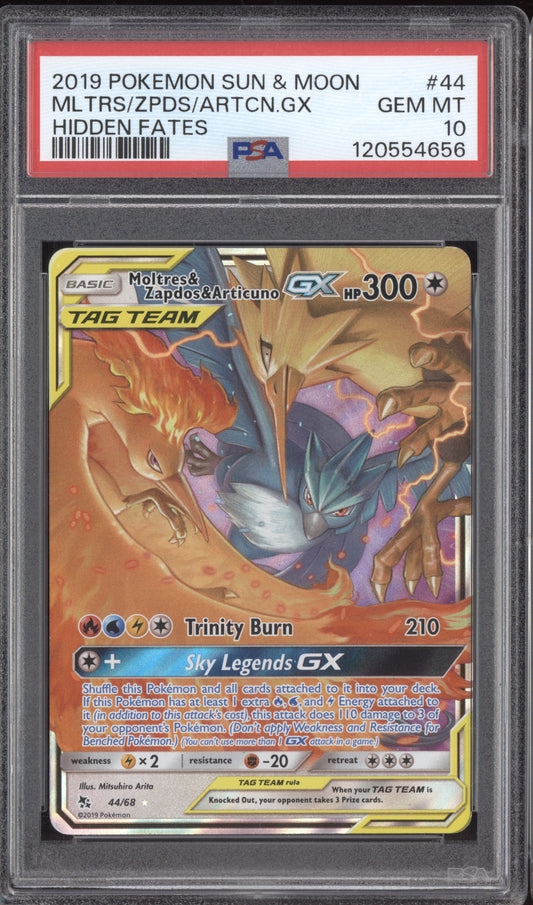 Moltres & Zapdos & Articuno GX 2019 Pokemon Sun & Moon Hidden Fates 44/68 PSA 10