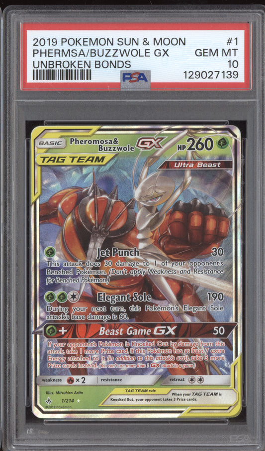 Pheromosa & Buzzwole GX 2019 Pokemon Sun & Moon Unbroken Bonds 1/214 PSA 10