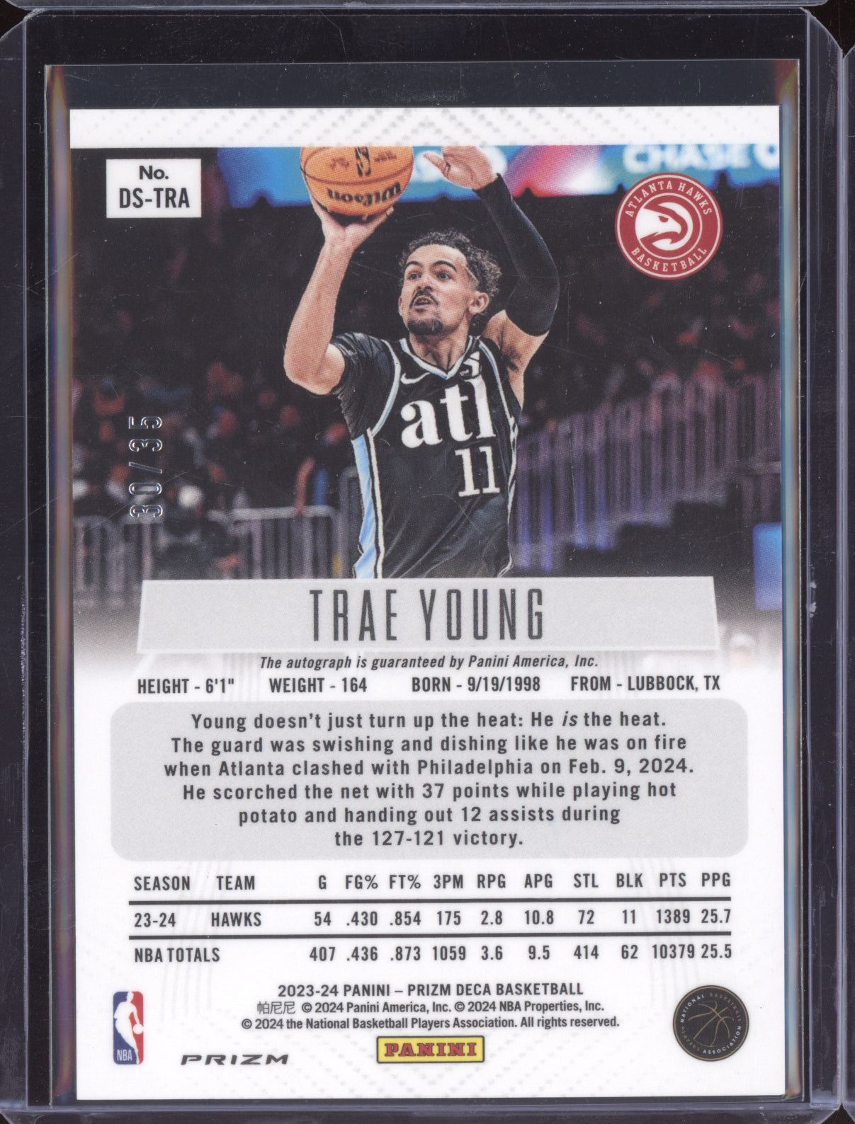Trae Young 2023-24 Panini Prizm Deca Signatures Blue 30/35