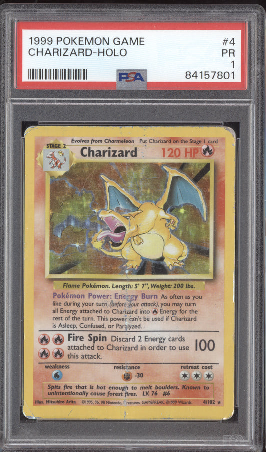 Charizard 1999 Pokemon Base Set Holo 4/102 PSA 1
