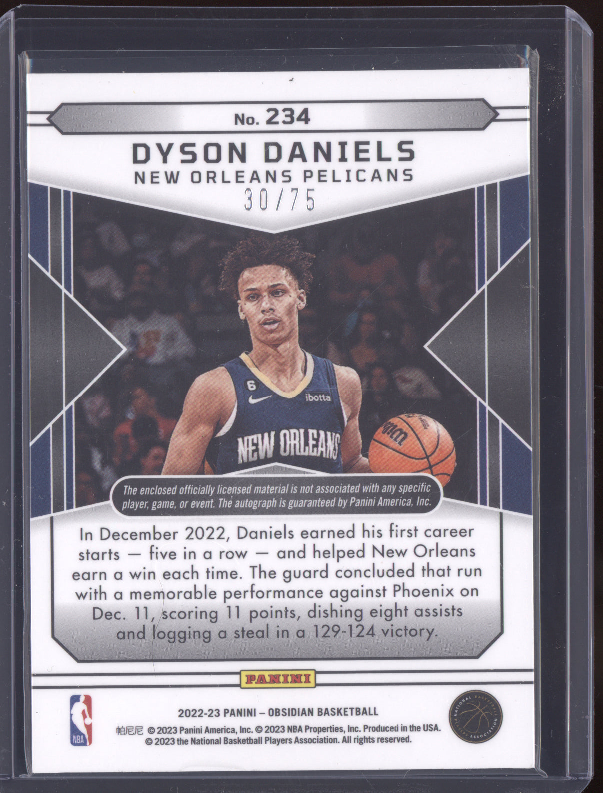 Dyson Daniels 2022 Panini Obsidian Purple Patch Auto RC 30/75