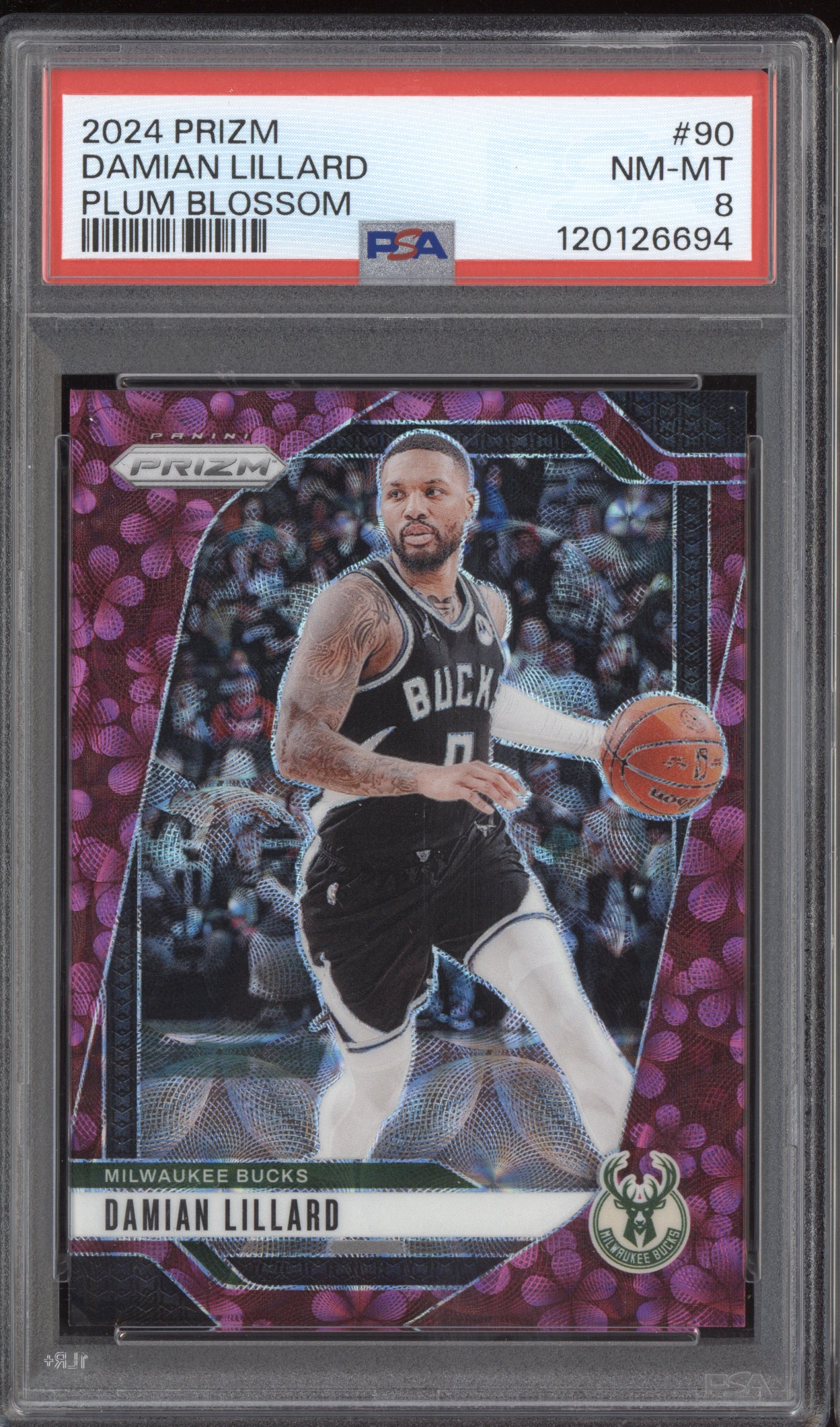 Damian Lillard 2024-25 Panini Prizm Plum Blossom 5/8 PSA 8