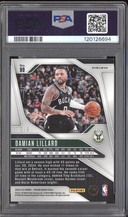 Damian Lillard 2024-25 Panini Prizm Plum Blossom 5/8 PSA 8