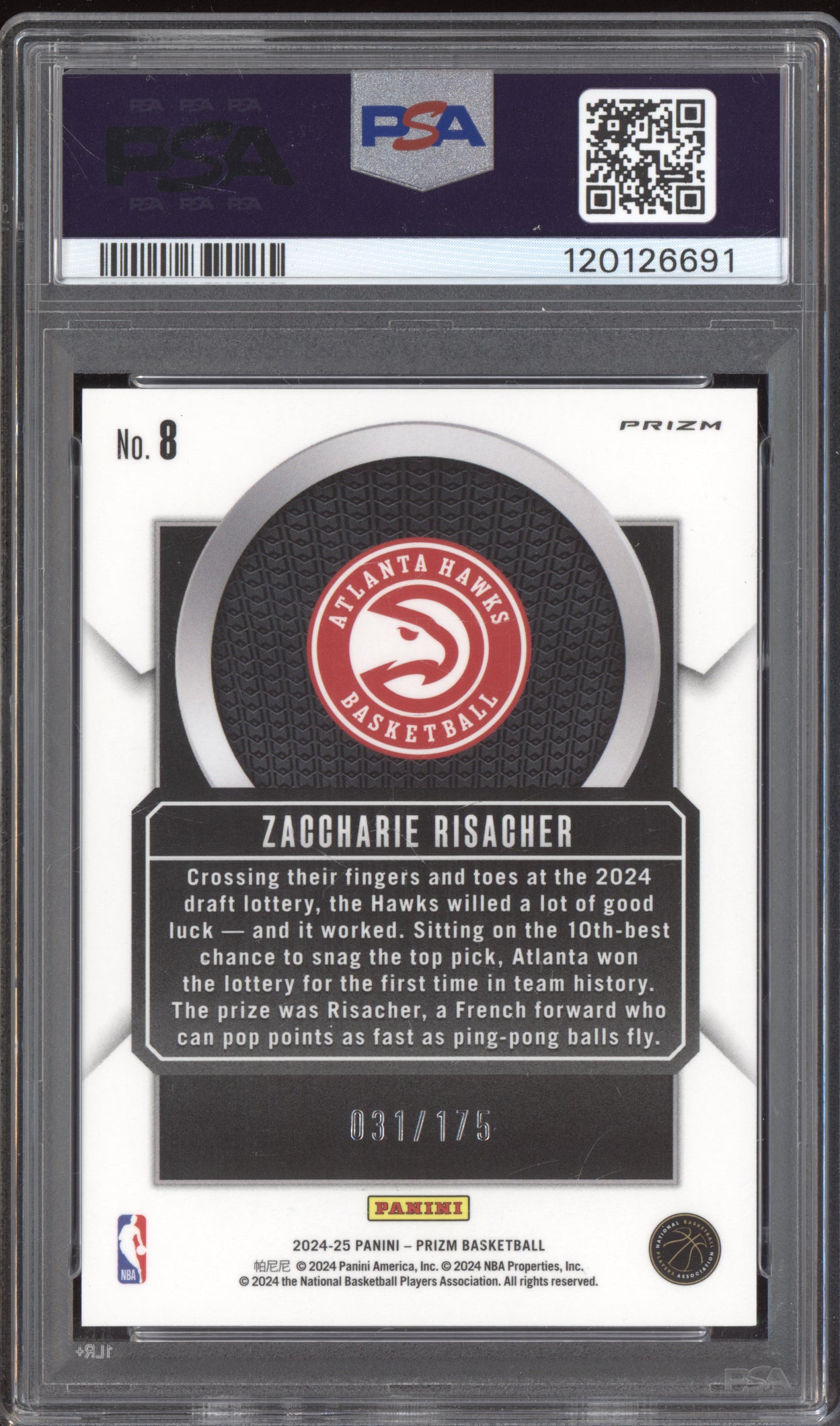 Zaccharie Risacher 2024-25 Panini Prizm Talismen Blue Wave RC 31/175 PSA 10