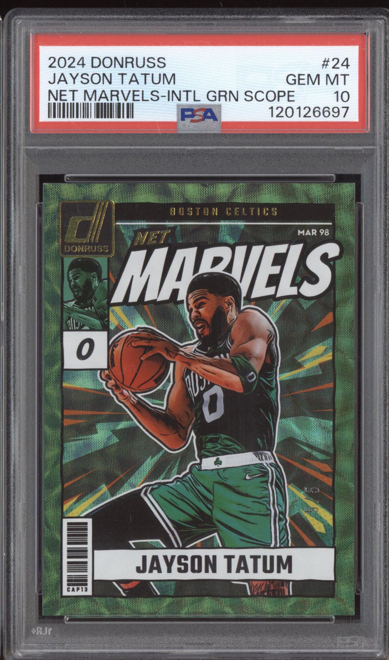 Jayson Tatum 2024-25 Panini Donruss Net Marvels International Green 5/5 PSA 10