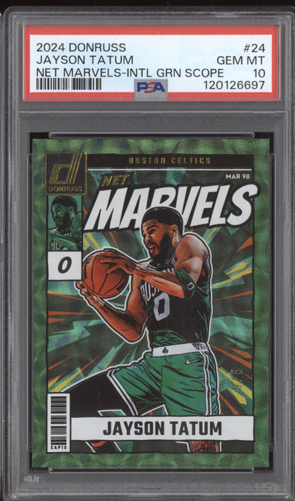 Jayson Tatum 2024-25 Panini Donruss Net Marvels International Green 5/5 PSA 10