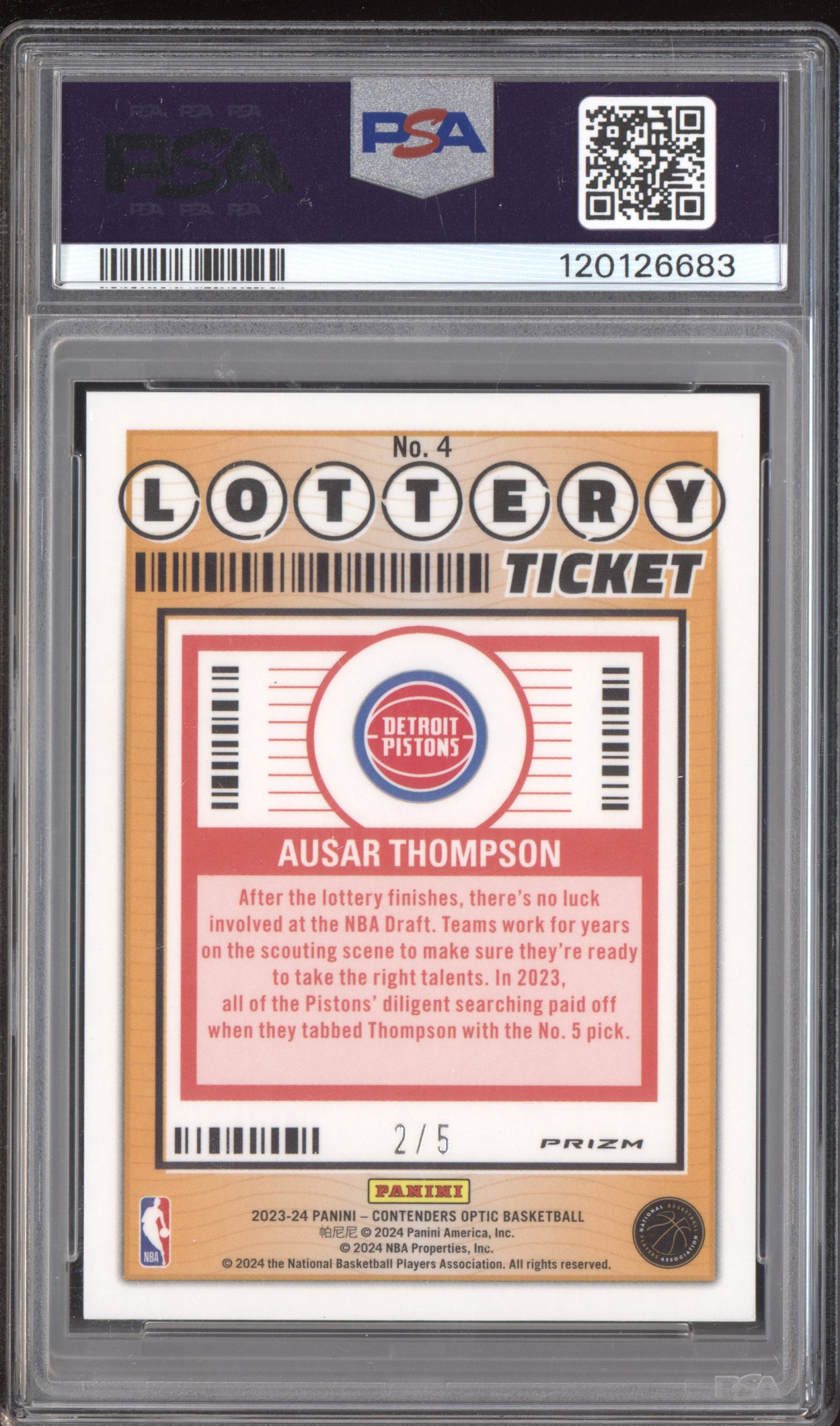 Ausar Thompson 2023 Panini Contenders Optic Lottery Ticket Jade Ice RC /5 PSA 10