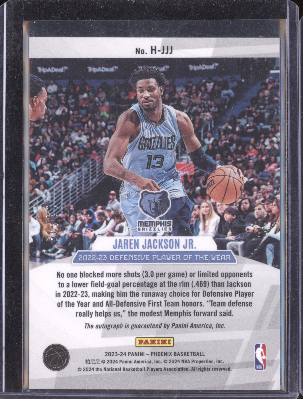 Jaren Jackson Jr 2023-24 Panini Phoenix Honored Auto Yellow Jersey Number 13/35