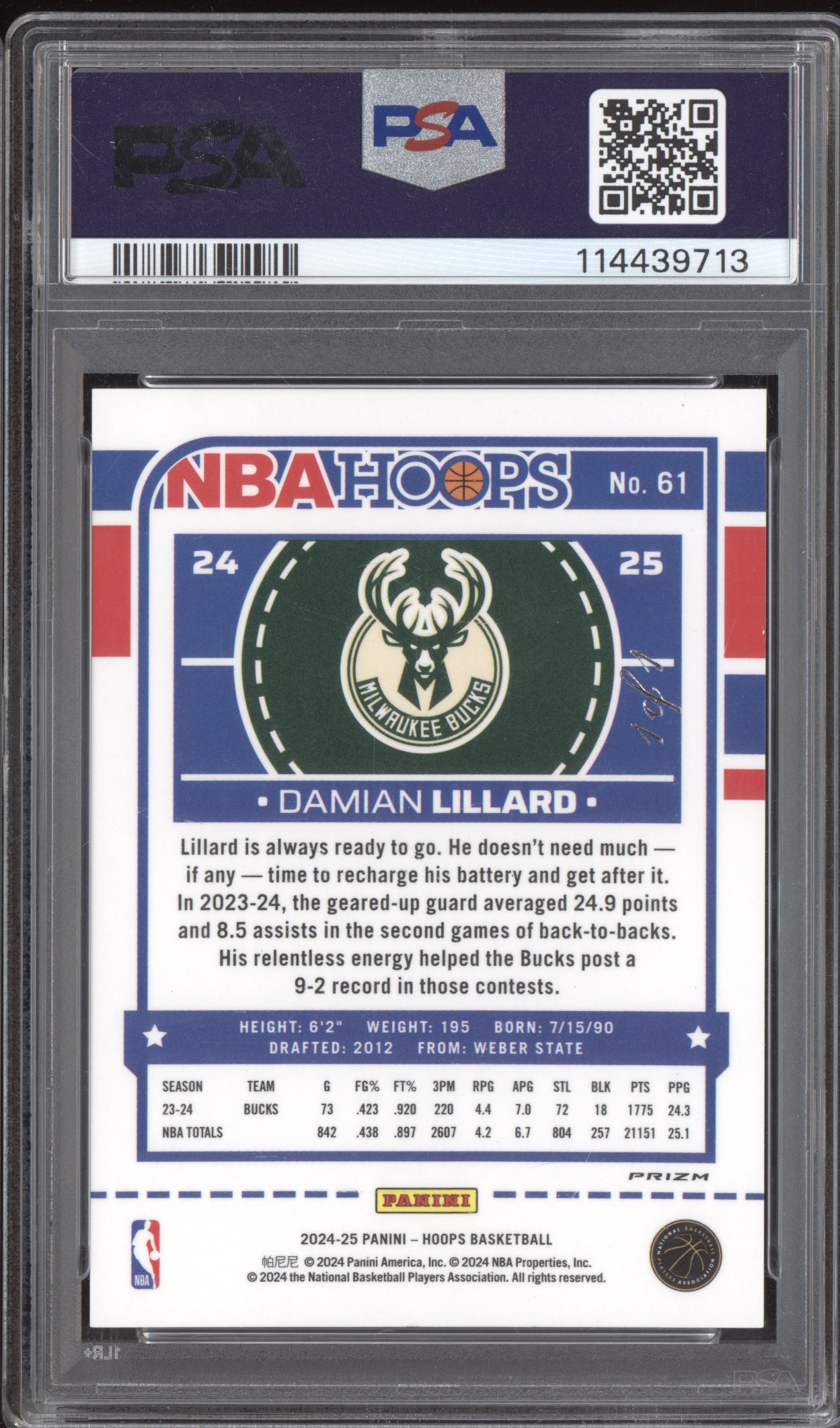 Damian Lillard 2024-25 Panini Hoops Premium Gold Vinyl 1/1 PSA 9