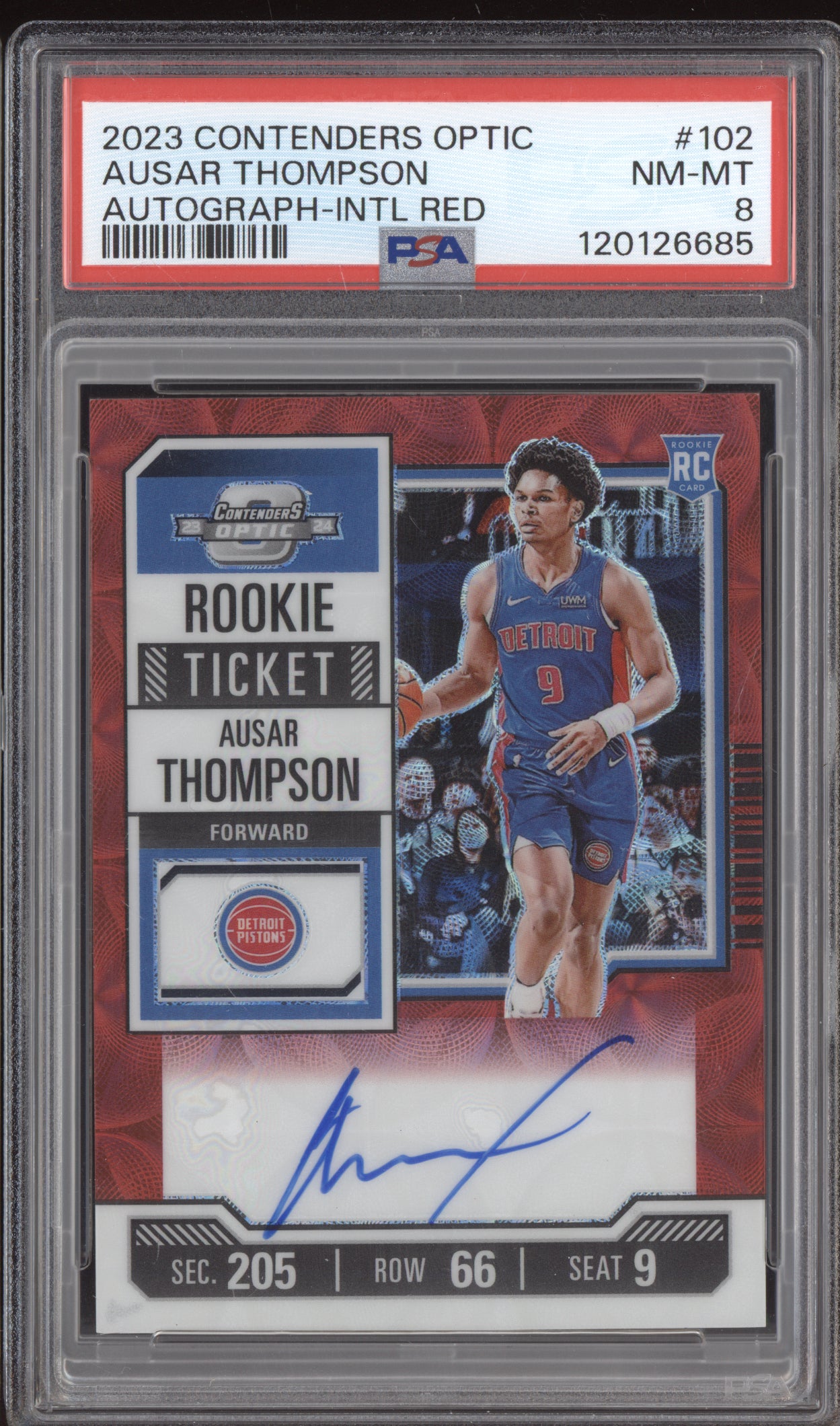 Ausar Thompson 2023 Panini Contenders Optic Autograph International Red RC PSA 8