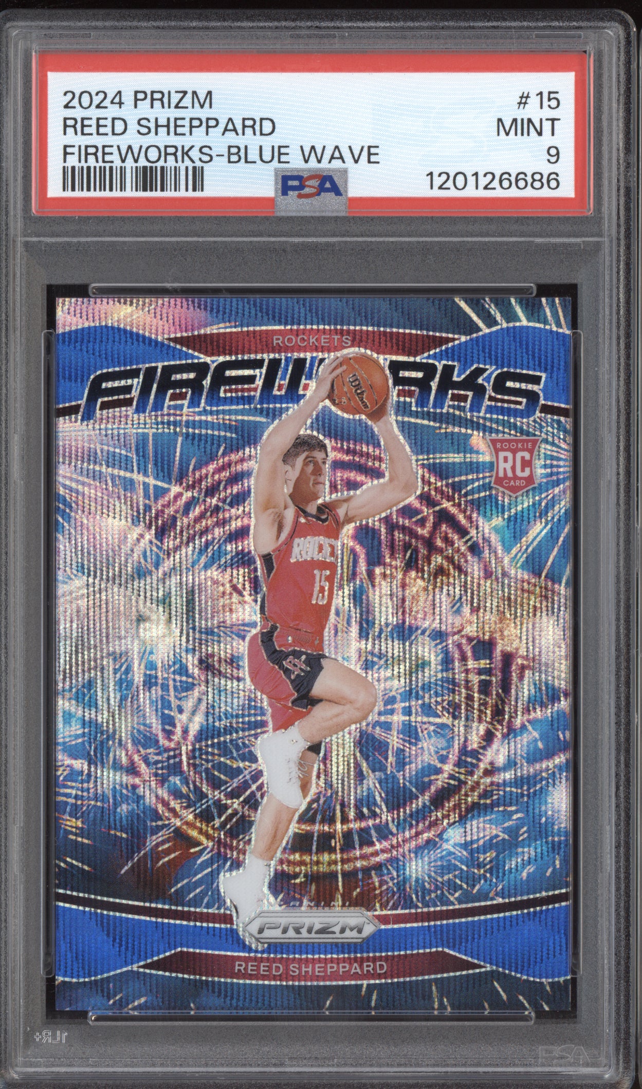 Reed Sheppard 2024-25 Panini Prizm Fireworks Blue Wave RC 115/175 PSA 9