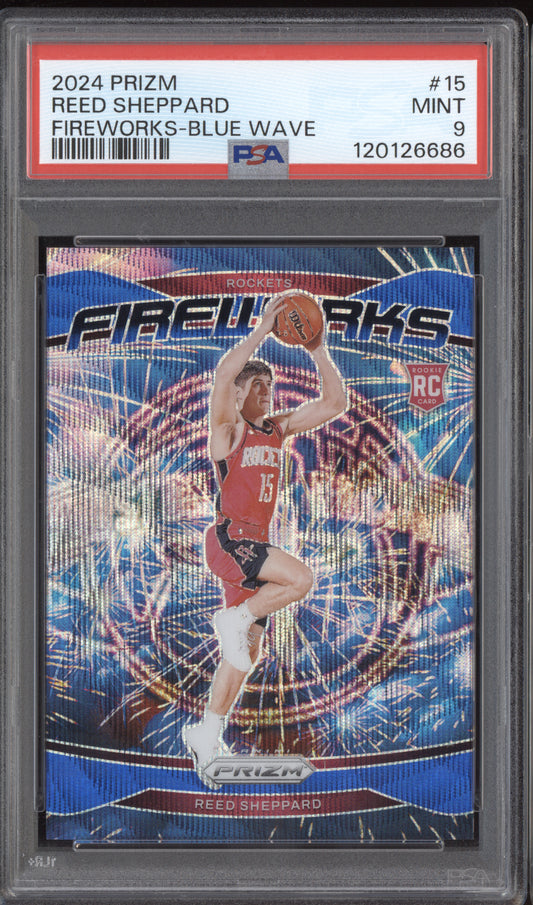 Reed Sheppard 2024-25 Panini Prizm Fireworks Blue Wave RC 115/175 PSA 9