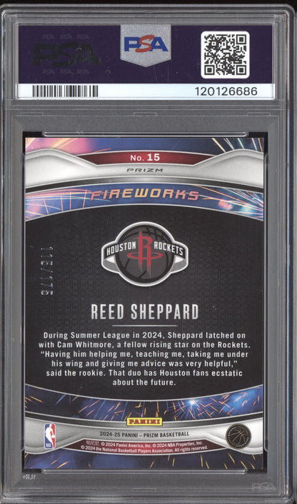 Reed Sheppard 2024-25 Panini Prizm Fireworks Blue Wave RC 115/175 PSA 9