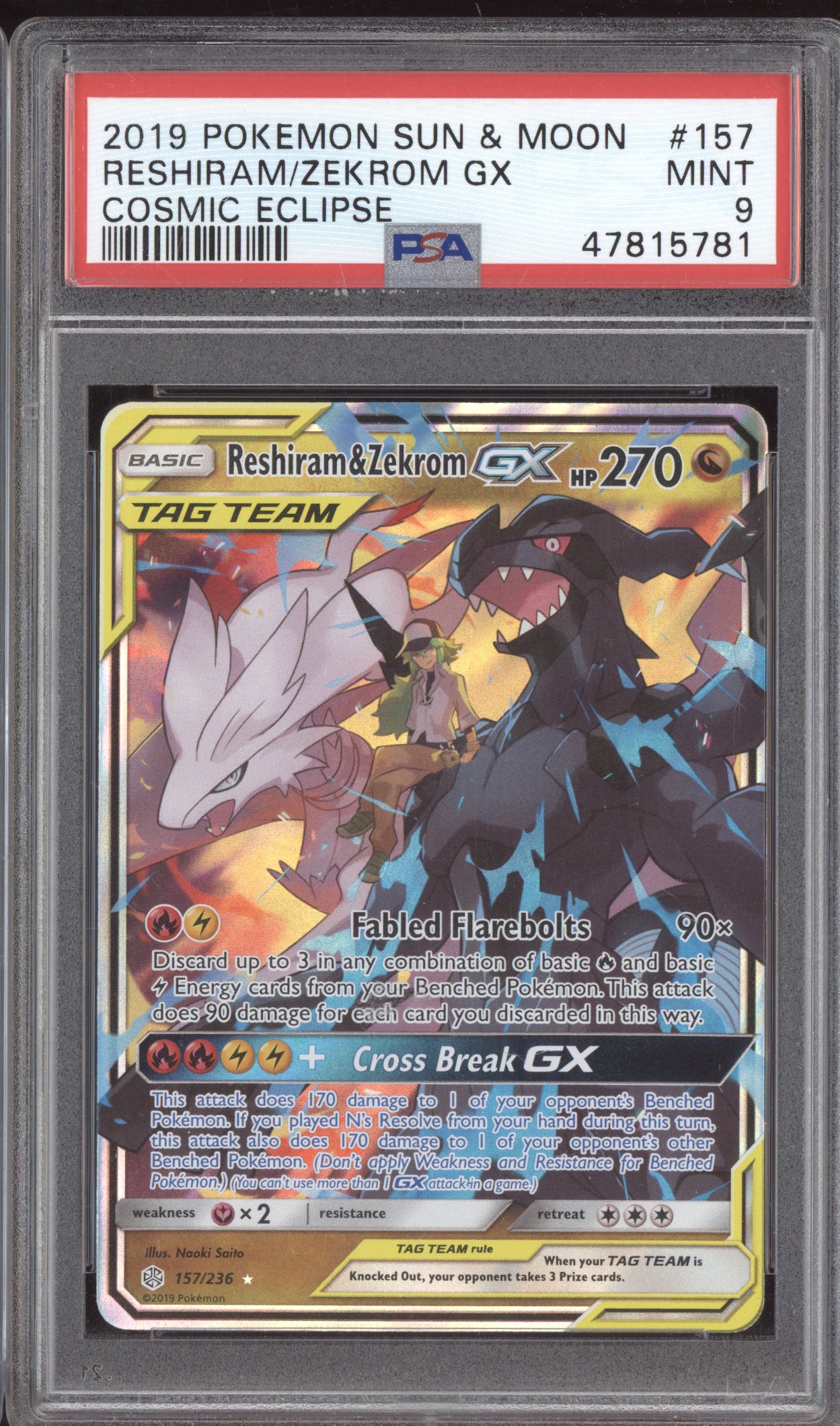 Reshiram & Zekrom GX 2019 Pokemon Cosmic Eclipse Tag Team 157/236 PSA 9