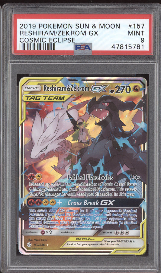 Reshiram & Zekrom GX 2019 Pokemon Cosmic Eclipse Tag Team 157/236 PSA 9