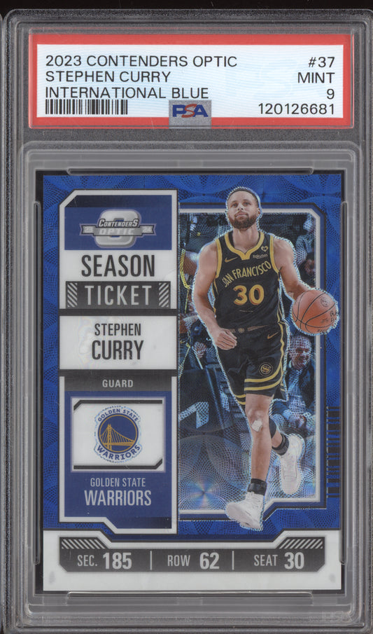 Stephen Curry 2023-24 Panini Contenders Optic International Blue 6/45 PSA 9
