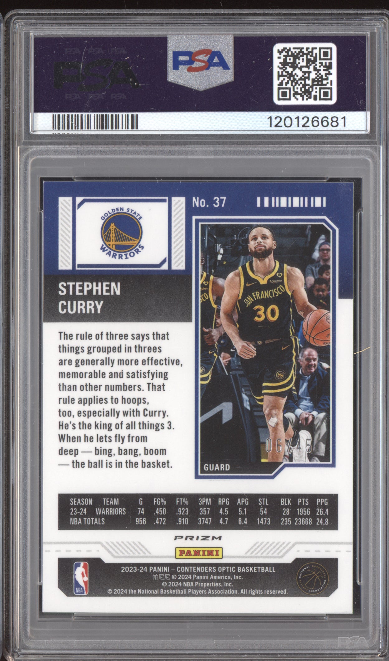Stephen Curry 2023-24 Panini Contenders Optic International Blue 6/45 PSA 9