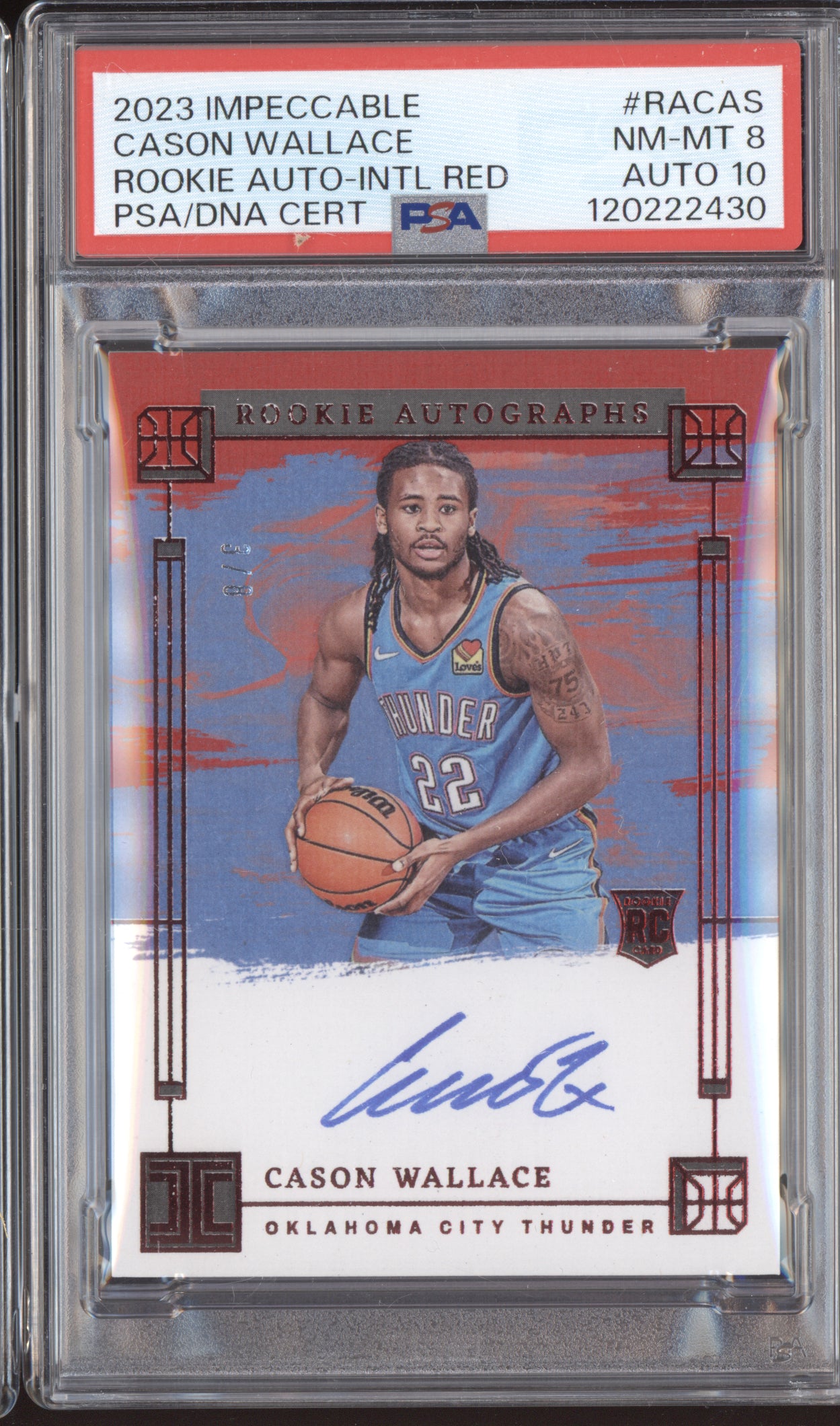 Cason Wallace 2023 Panini Impeccable Rookie Auto International Red RC 3/8 PSA 8