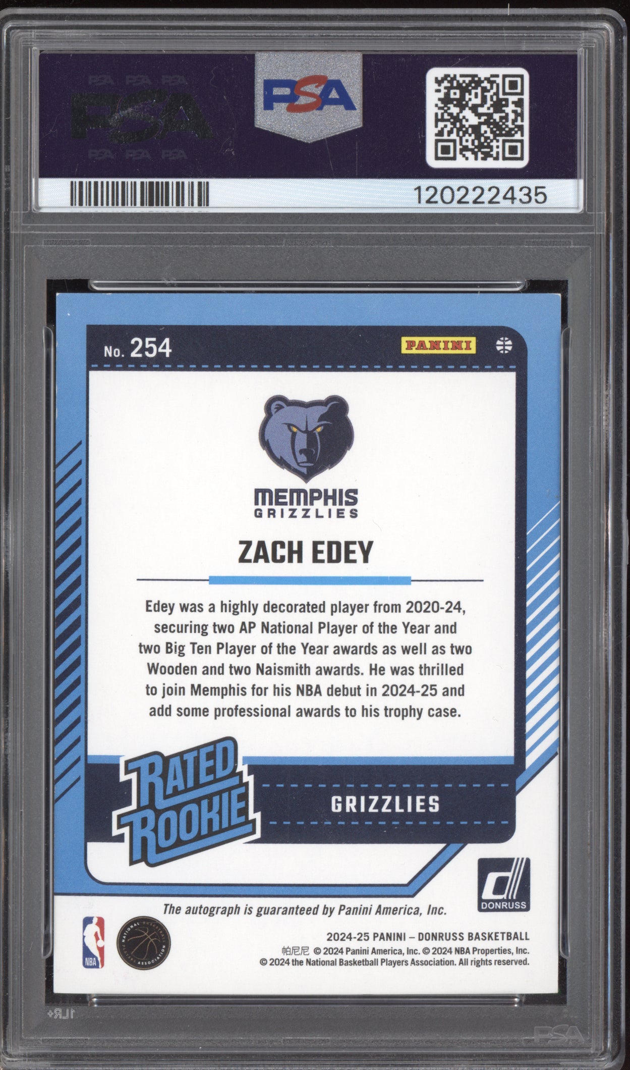 Zach Edey 2024-25 Panini Donruss Rated Rookie Auto International RC PSA 8