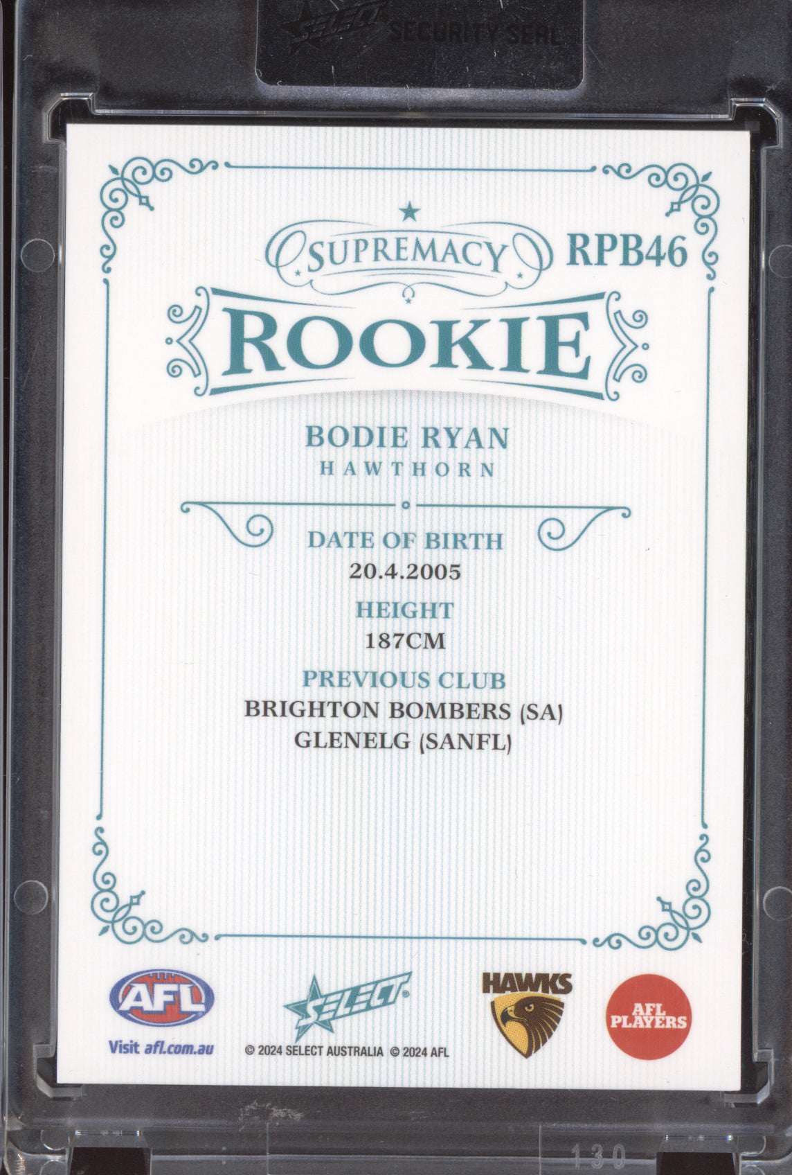 Bodie Ryan 2024 Select Supremacy Rookies Platinum Blue RC 68/75