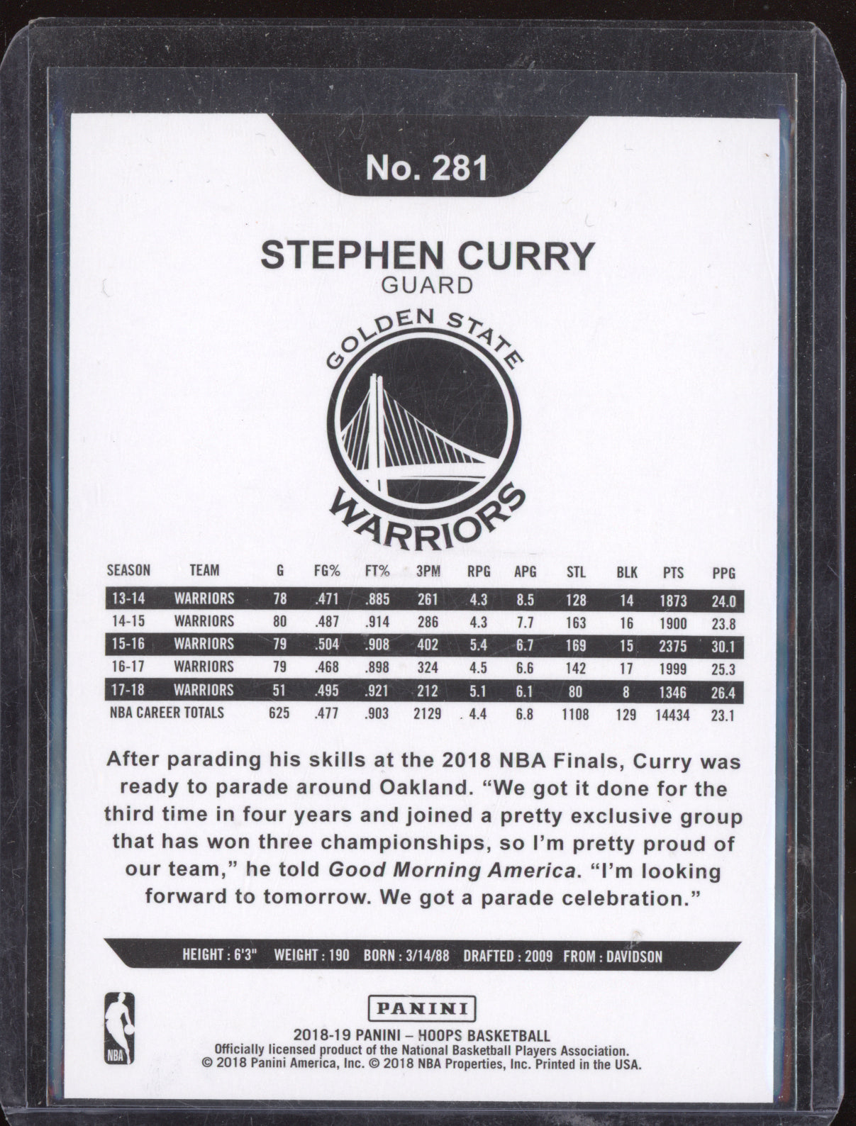 Stephen Curry 2018-19 Panini Hoops Blue Checkerboard 6/75
