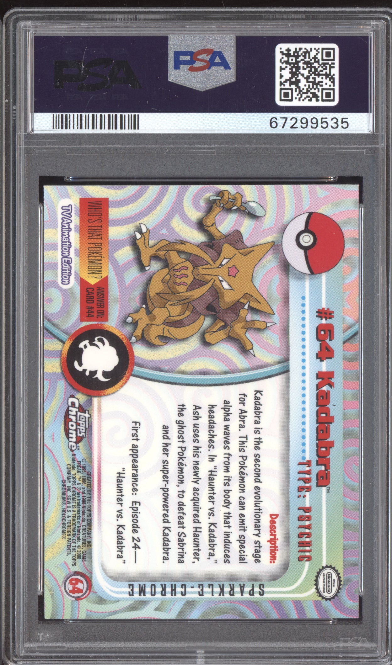 Kadabra 2000 Pokemon Topps Chrome Pokemon TV - Sparkle #64 PSA 10