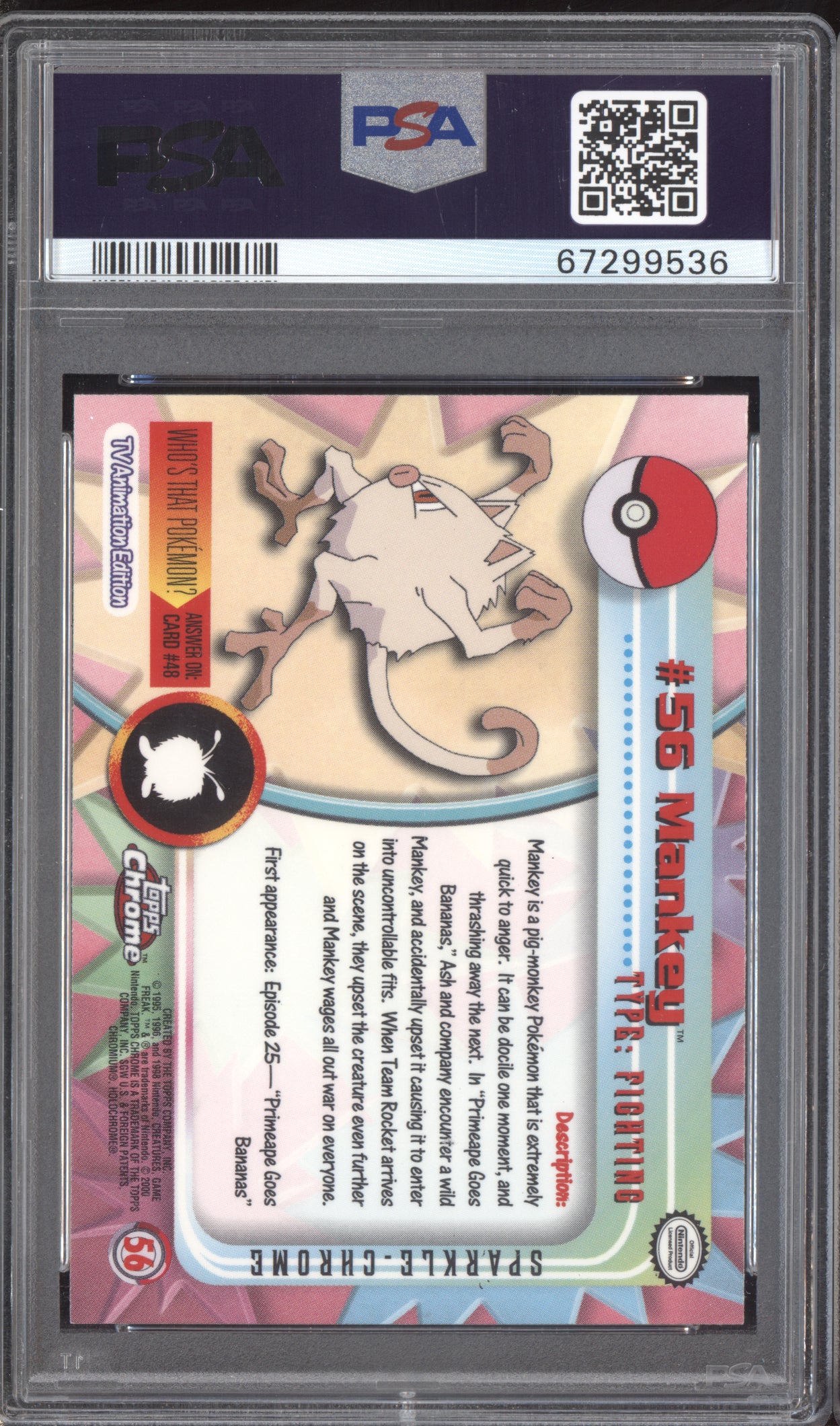 Mankey 2000 Pokemon Topps Chrome Pokemon TV - Sparkle #56 PSA 9