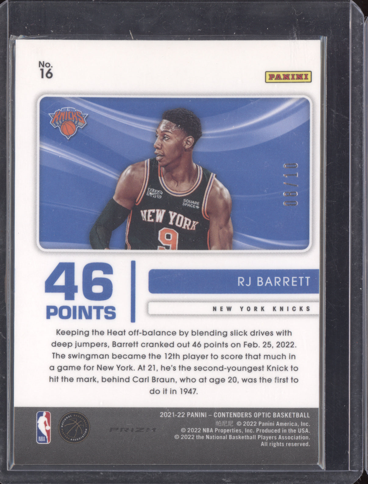 RJ Barrett 2021 Panini Contenders Optic Playing Numbers Game Gold 08/10