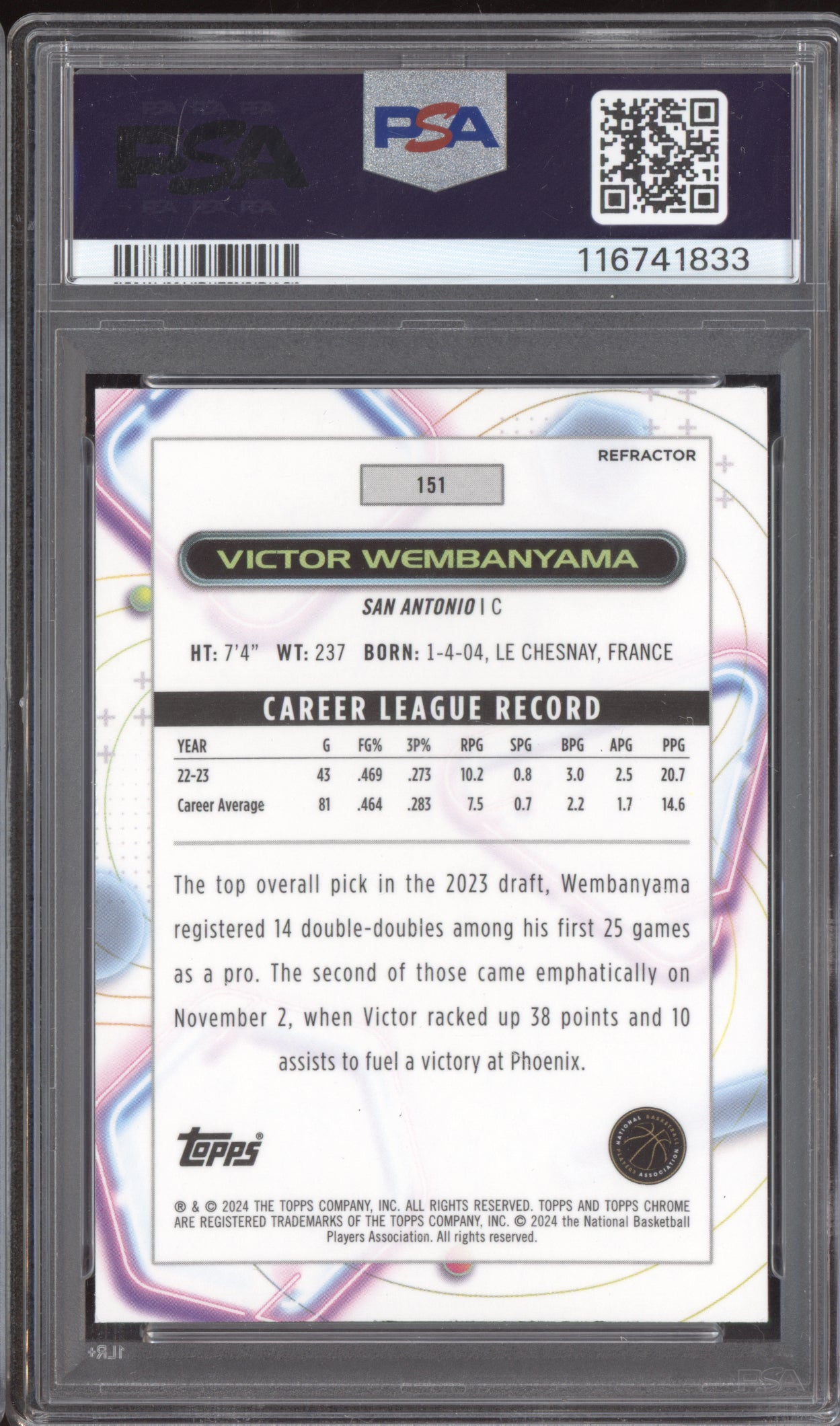Victor Wembanyama 2023-24 Topps Cosmic Chrome Refractor RC 151 PSA 9